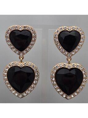 ✨2/$10✨Black Stone Heart Rhinestone Dangle Earrings Statement 2.5”